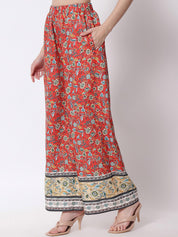 Kotty Women Red Ethnic Motifs Printed Relaxed Flared High-Rise Easy Wash Trousers