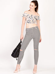 Kotty Women White and Black Striped Skinny Fit High-Rise Distress Jeans