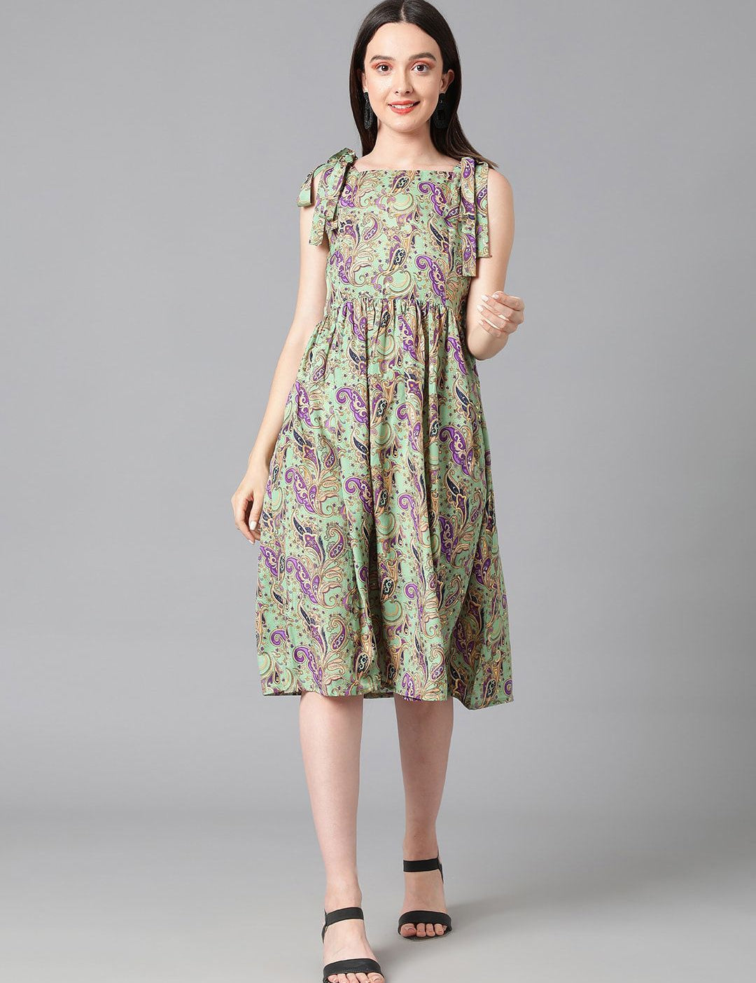 Kotty Sea Green & Purple Ethnic Motif Printed Tie-Up Shoulder Strap Fit & Flare Dress