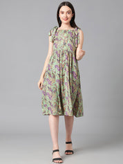 Kotty Sea Green & Purple Ethnic Motif Printed Tie-Up Shoulder Strap Fit & Flare Dress