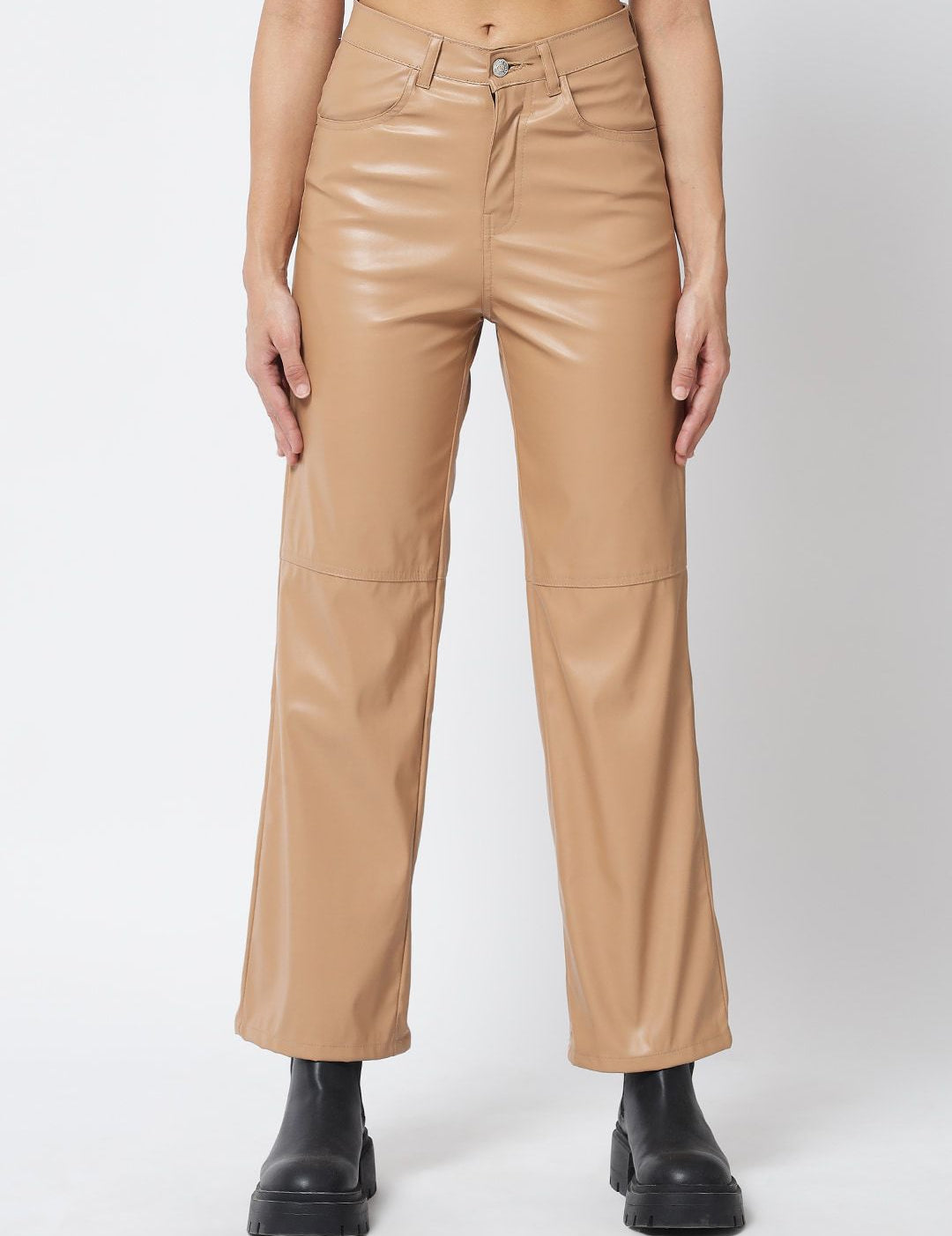 Kotty Women Beige Relaxed Straight Fit Faux Leather Trouser
