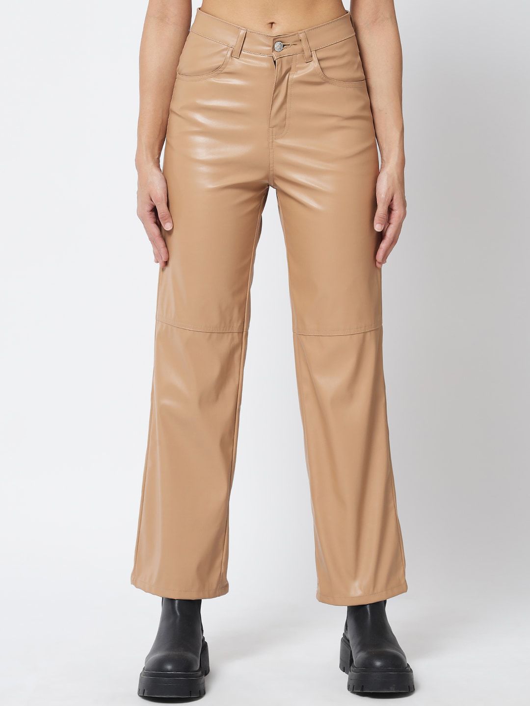 Kotty Women Beige Relaxed Straight Fit Faux Leather Trouser