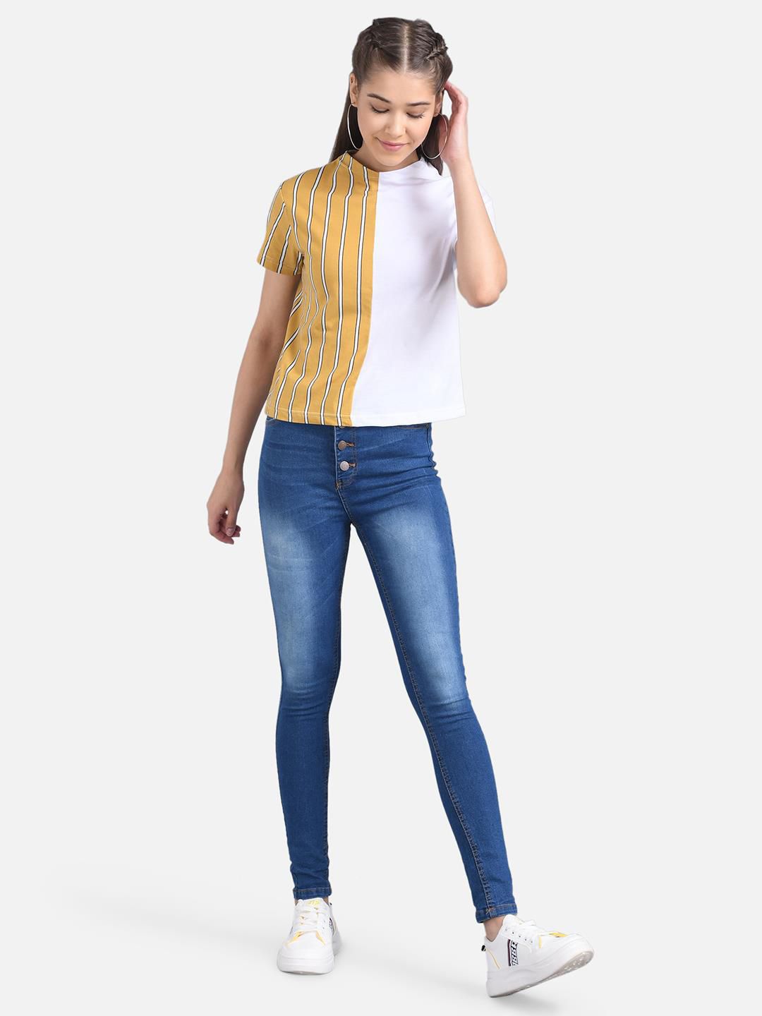 Kotty Striped Colourblocked Round Neck Top