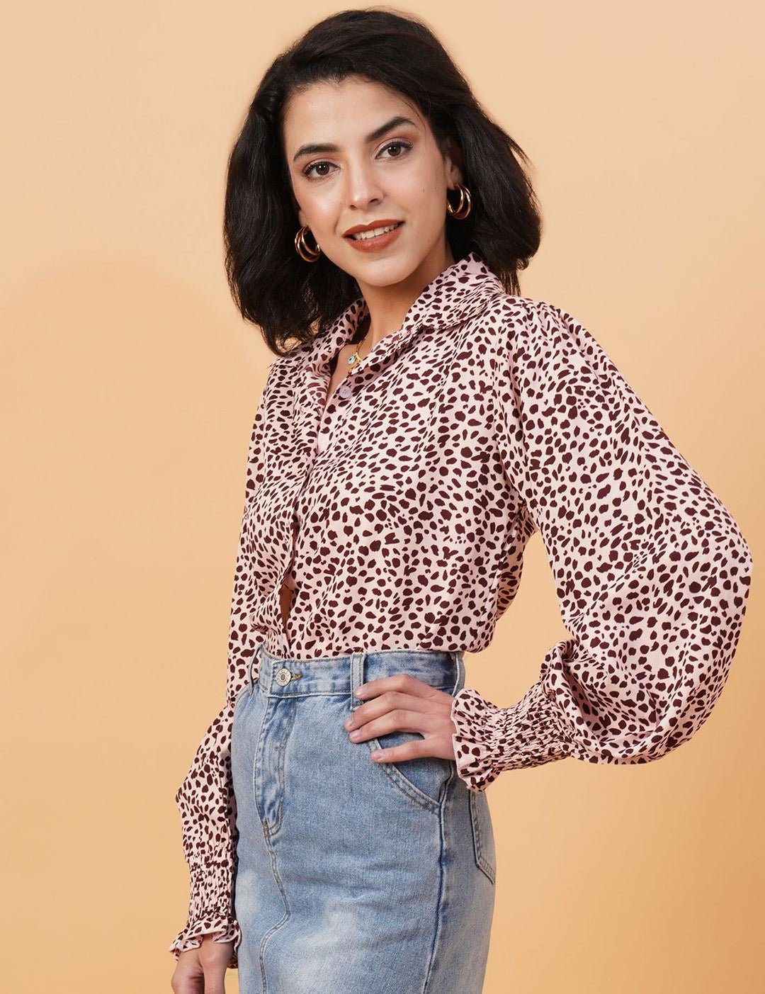 Kotty Pink & Brown Animal Printed Spread Collar Puff Sleeves Crepe Casual Shirt