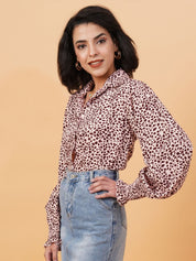 Kotty Pink & Brown Animal Printed Spread Collar Puff Sleeves Crepe Casual Shirt