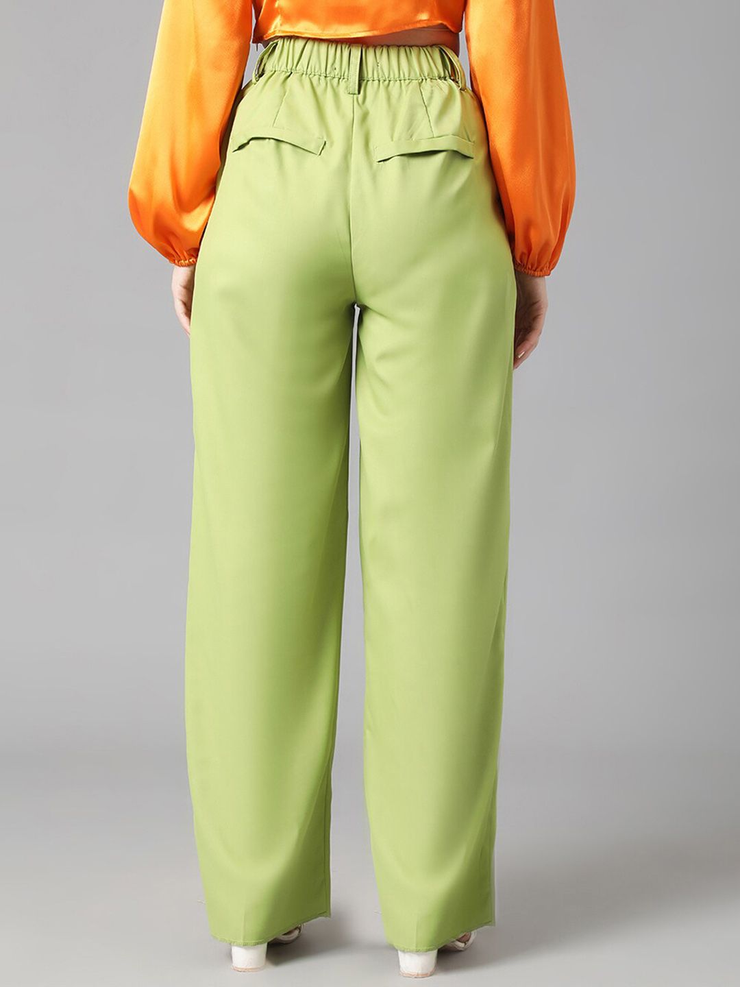 Kotty Women Green Relaxed Straight Leg Straight Fit High-Rise Easy Wash Pleated Trousers