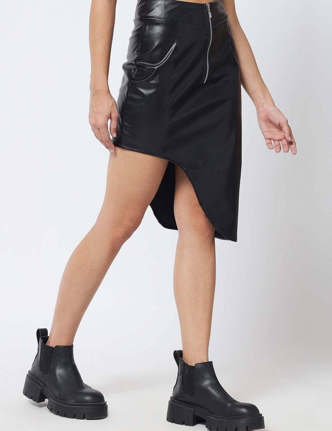 Kotty Women Black Solid Asymmetric Leather Skirt