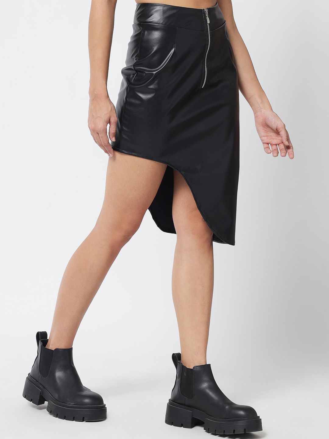 Kotty Women Black Solid Asymmetric Leather Skirt