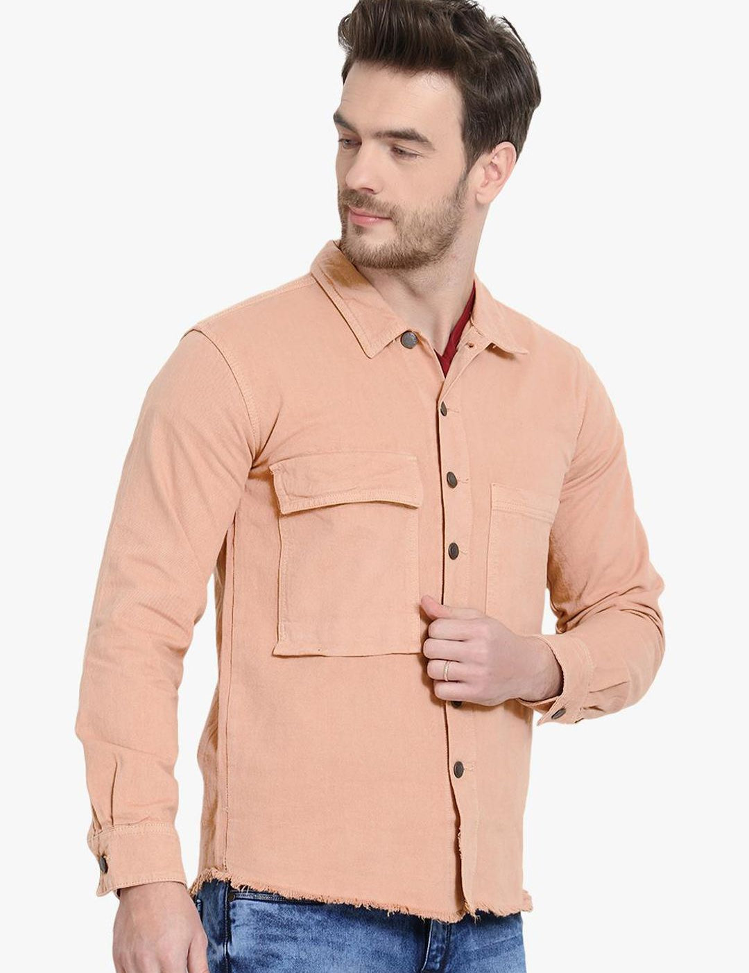 Kotty Men Peach-Coloured Solid Denim Jacket
