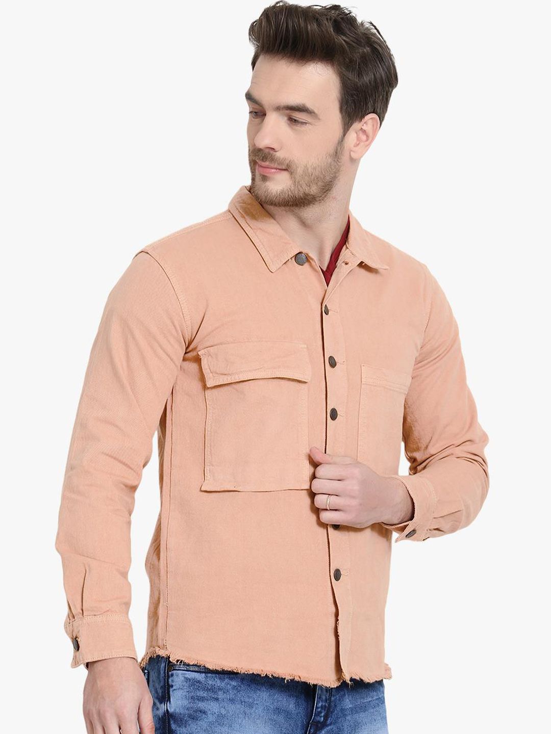 Kotty Men Peach-Coloured Solid Denim Jacket