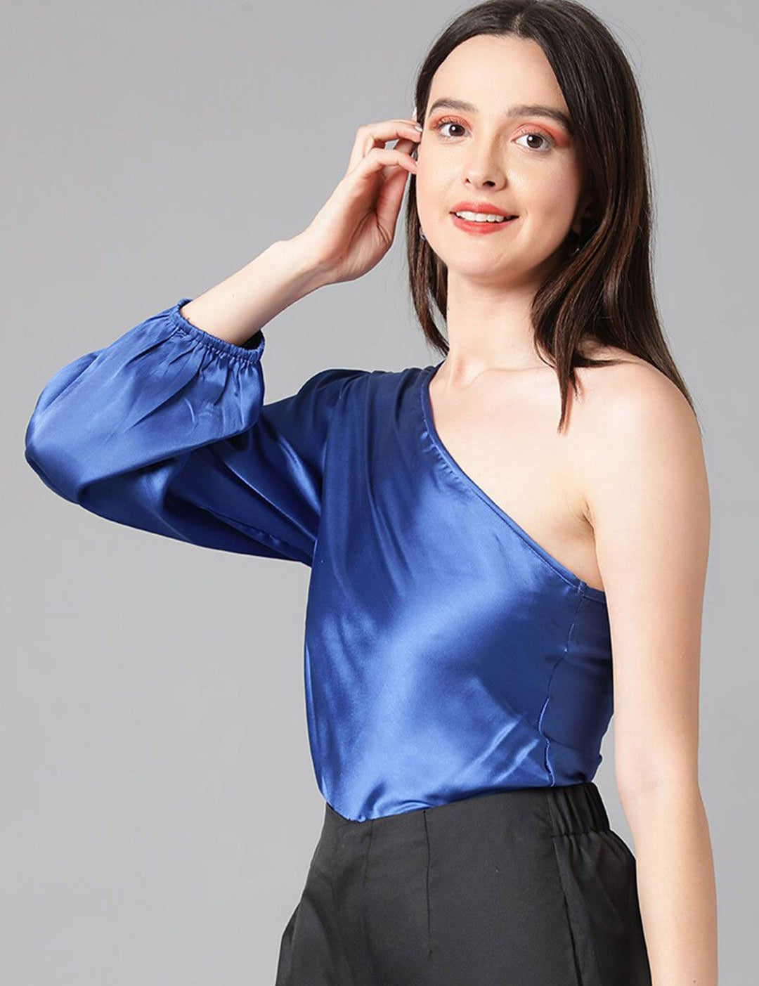 Kotty One Shoulder Puff Sleeve Satin Top