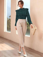 Kotty Polka Dot Print Puff Sleeve Ruffles Crepe Top