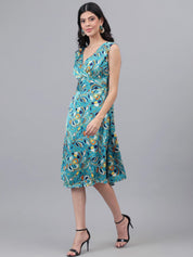 Kotty Sea Green And Blue Floral Printed V-Neck Fit & Flare Midi Dress