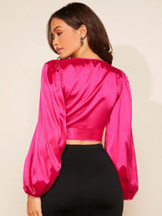 Kotty Hot Pink V-Neck Bishop Sleeve Satin Wrap Crop Top