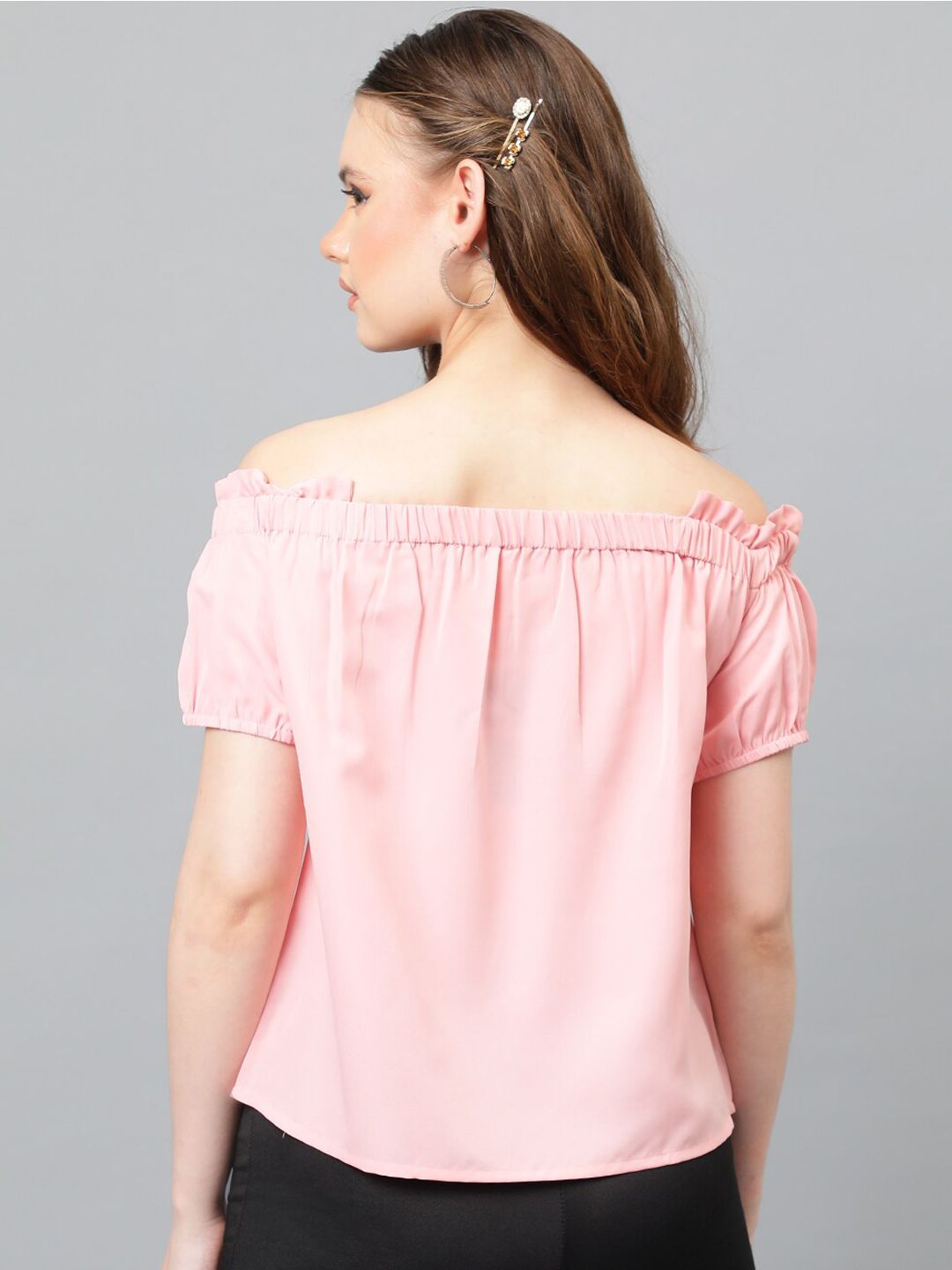 Kotty Pink Off-Shoulder Puff Sleeves Bardot Top