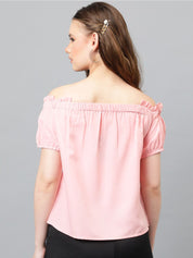 Kotty Pink Off-Shoulder Puff Sleeves Bardot Top