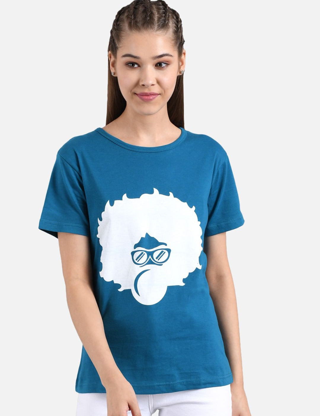 Kotty Women Teal Blue Printed Round Neck T-shirt