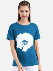 Kotty Women Teal Blue Printed Round Neck T-shirt