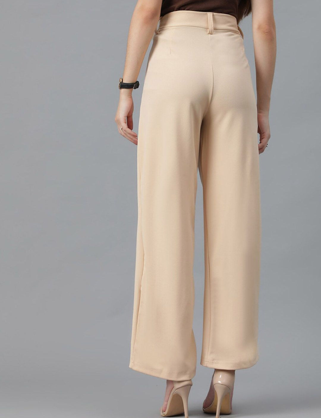 KOTTY BIZwear Women Beige Relaxed Straight Leg High-Rise Easy Wash Parallel Trousers
