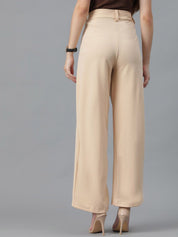 KOTTY BIZwear Women Beige Relaxed Straight Leg High-Rise Easy Wash Parallel Trousers