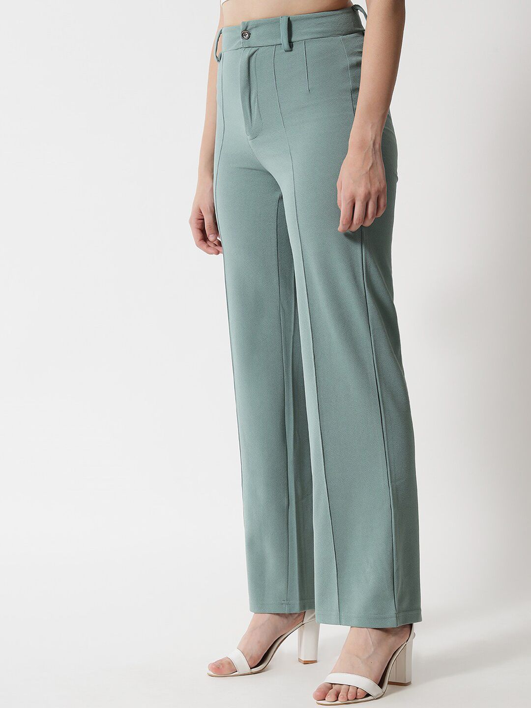 Kotty Women Green Relaxed Straight Fit High-Rise Easy Wash Trousers