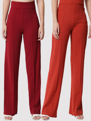 Kotty Women Pack Of 2 Relaxed Straight Leg High-Rise Easy Wash Parallel Trousers