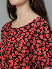 Kotty Red Floral Printed A-Line Midi Dress