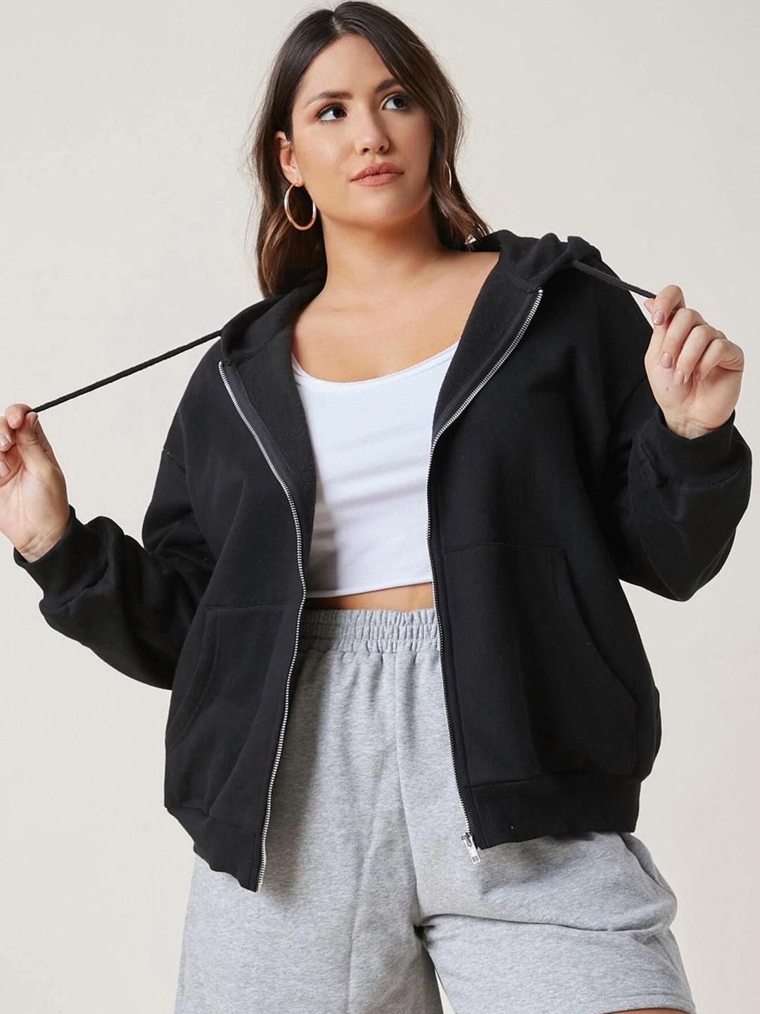 Kotty Plus Size Hooded Fleece Front-Open Sweatshirt