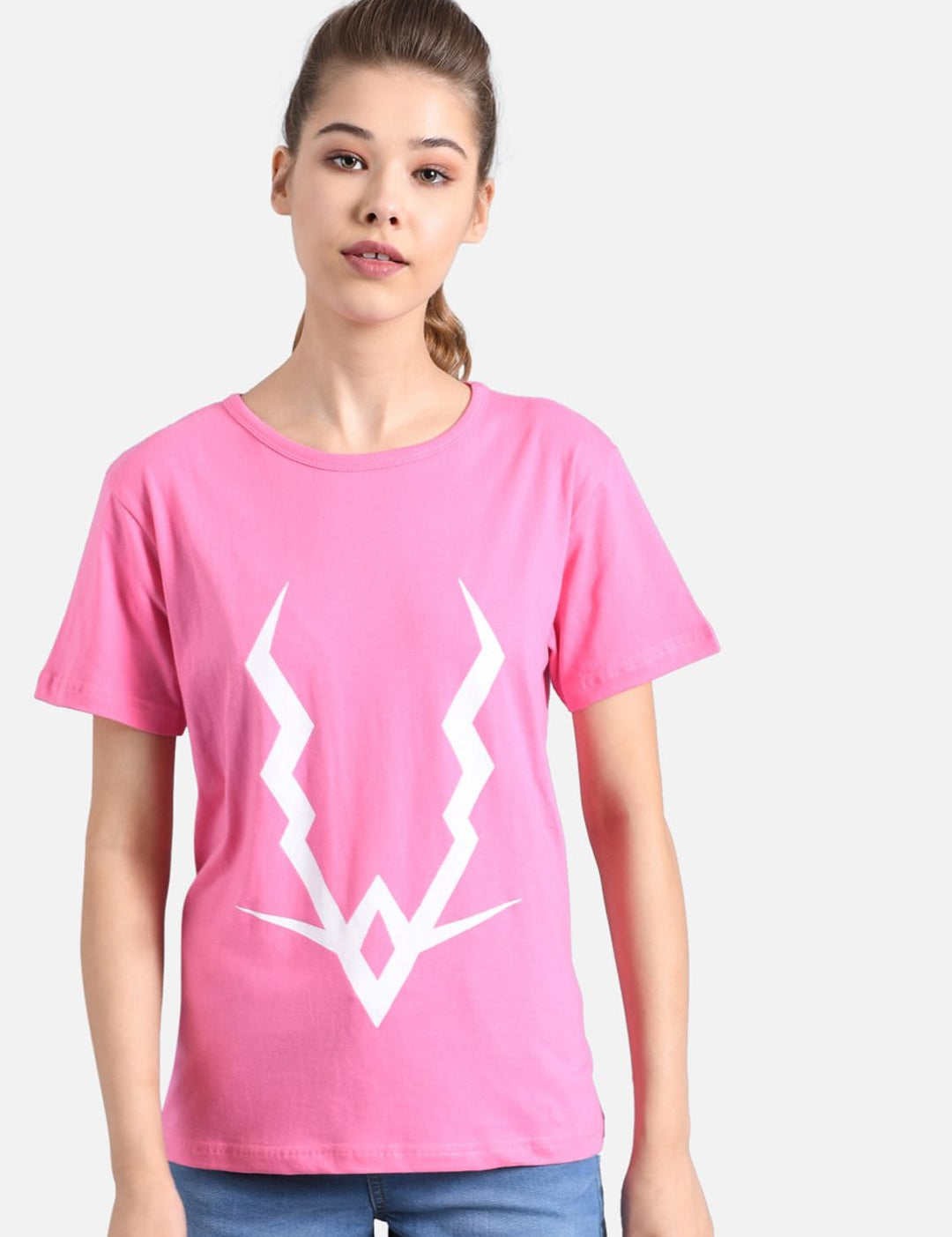 Kotty Women Pink & White Printed Round Neck T-shirt