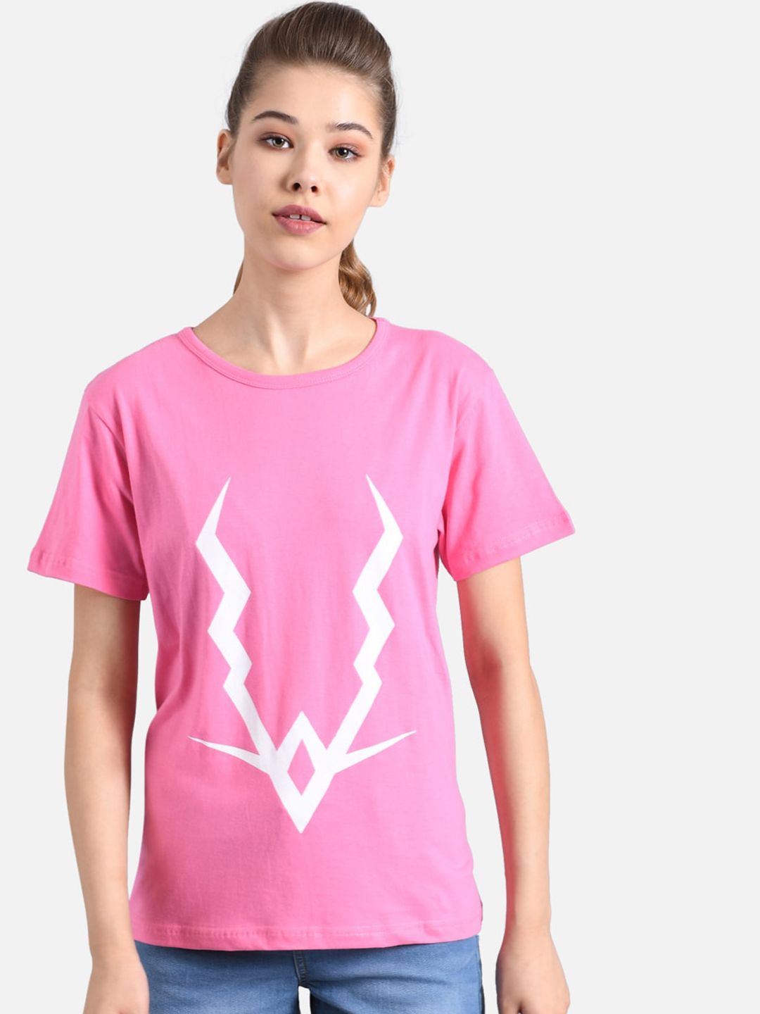 Kotty Women Pink & White Printed Round Neck T-shirt