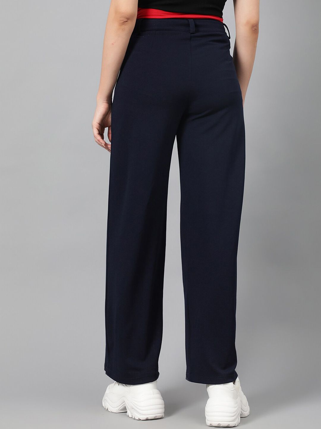 Kotty Women Navy Blue Relaxed Straight Leg Fit High-Rise Easy Wash Parallel Trousers