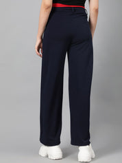 Kotty Women Navy Blue Relaxed Straight Leg Fit High-Rise Easy Wash Parallel Trousers