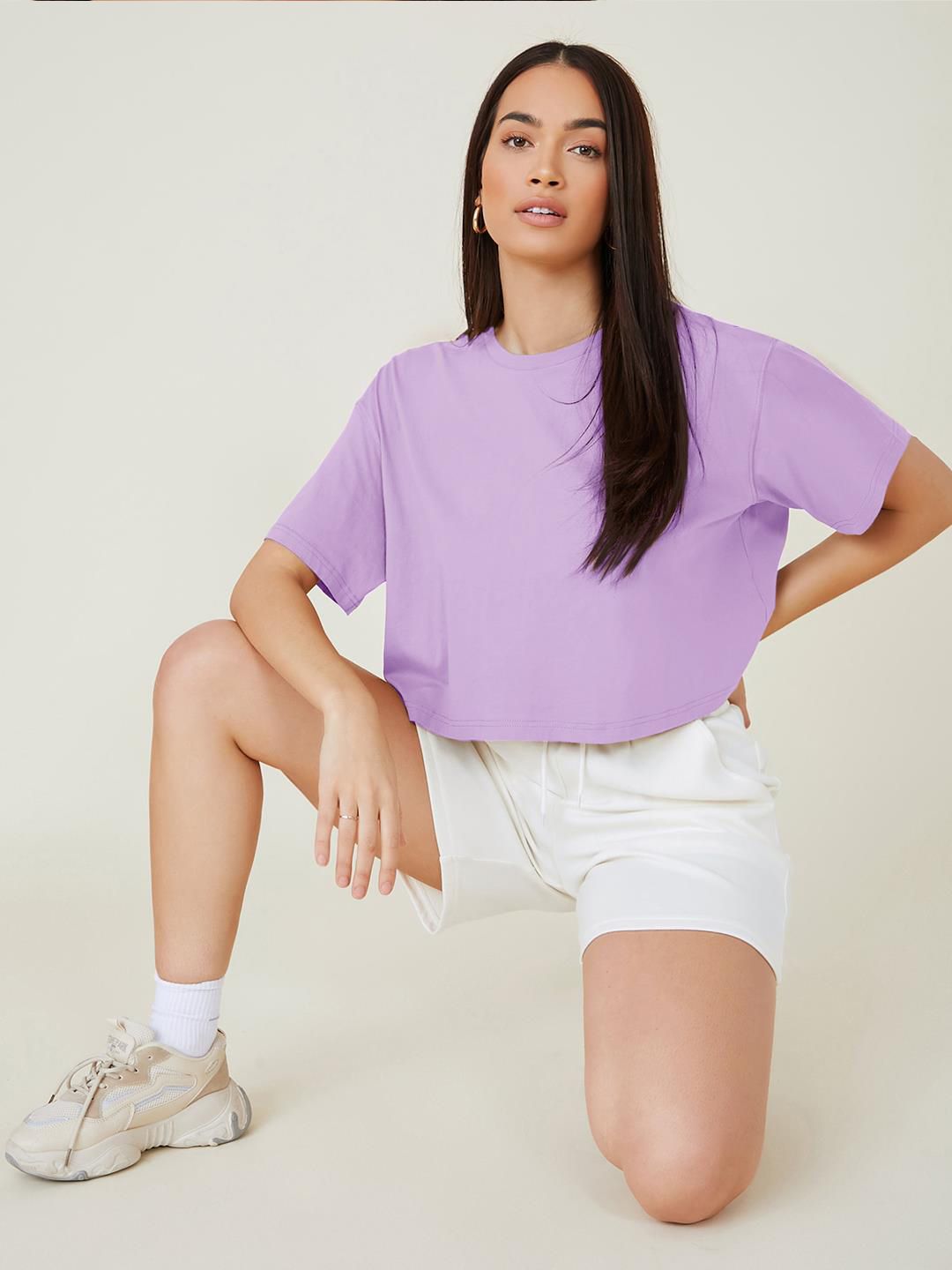 KOTTY Basics Purple Round Neck Drop-Shoulder Sleeves Crop Oversized T-shirt