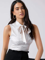 KOTTY BIZwear Abstract Printed Tie-Up Neck Satin Regular Top