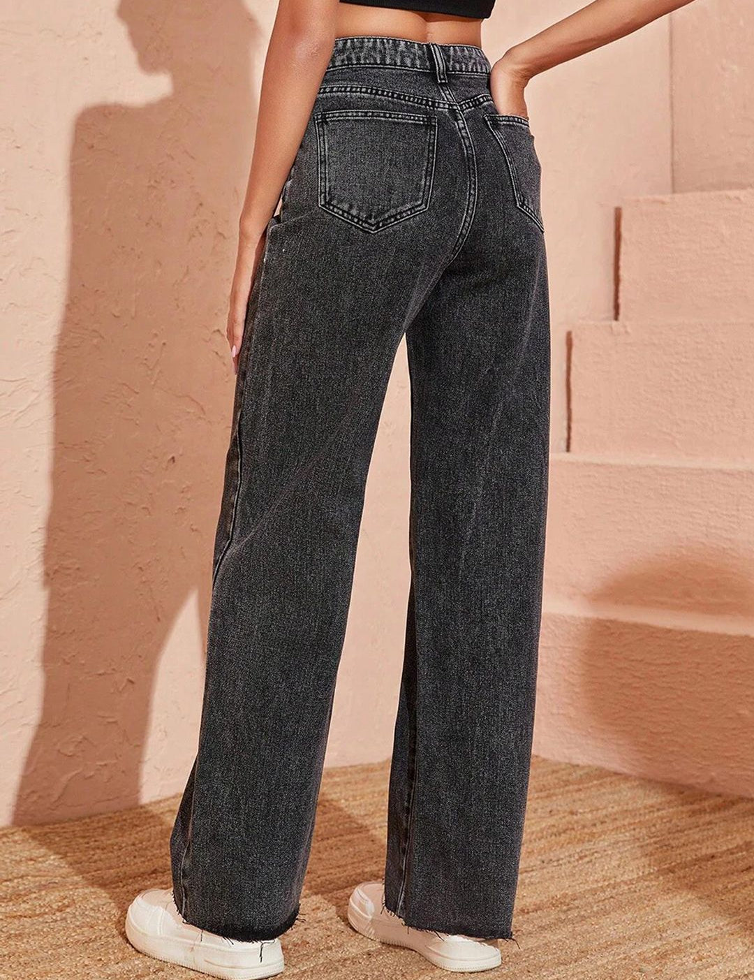 Kotty Women Black Jean Straight Fit High-Rise Heavy Fade Stretchable Jeans