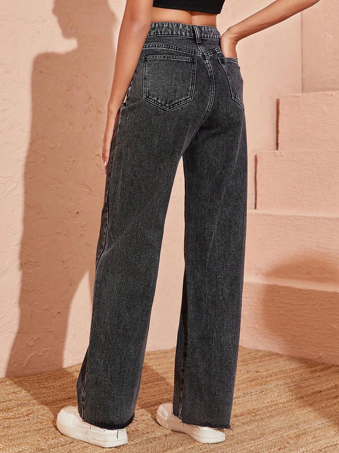 Kotty Women Black Jean Straight Fit High-Rise Heavy Fade Stretchable Jeans