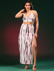 Kotty Beige Tie & Dye Shoulder Straps Top With Skirt