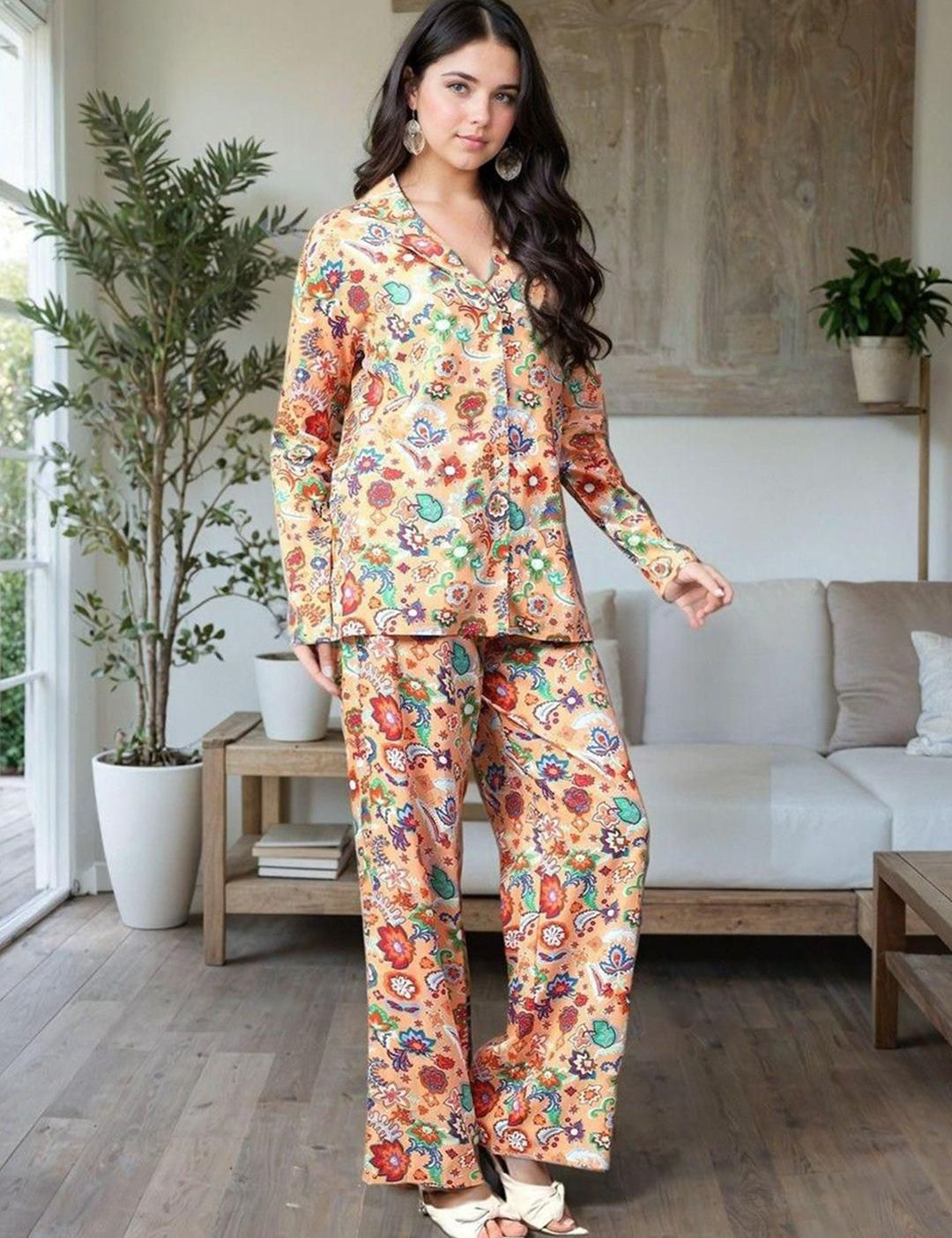 Kotty Yellow and Green Printed Shirt Collar Shirt With Trouser