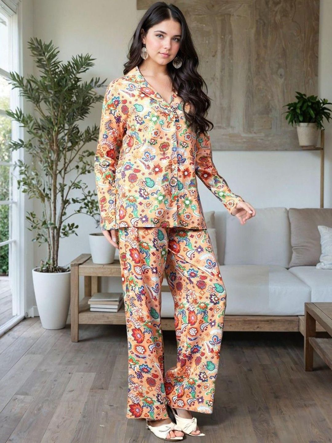 Kotty Yellow and Green Printed Shirt Collar Shirt With Trouser