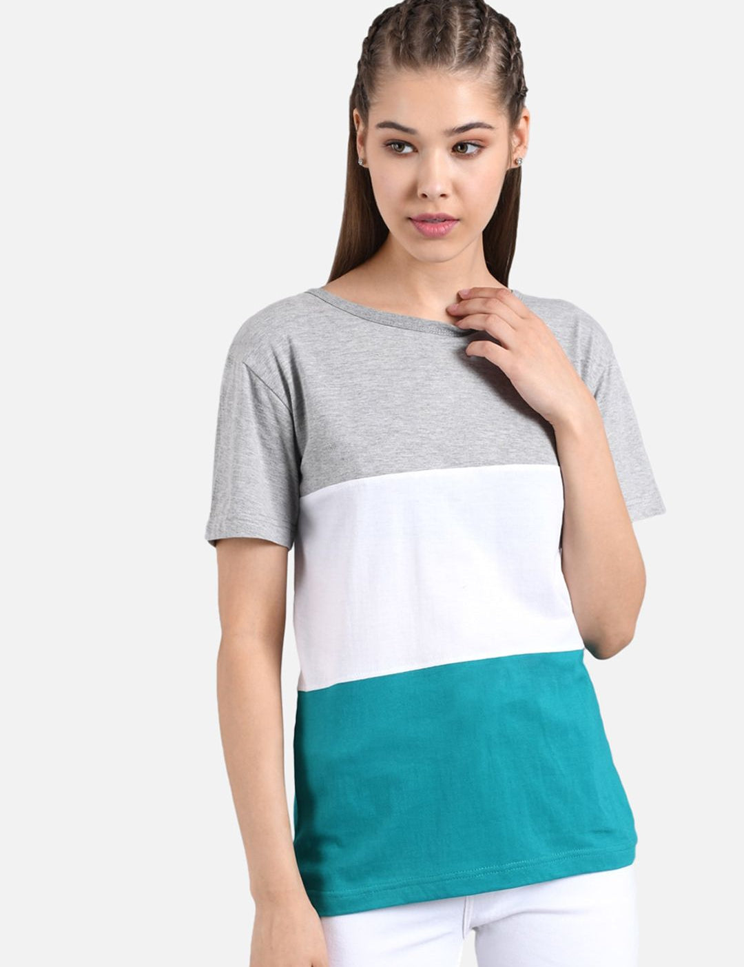 Kotty Women Grey Colourblocked Round Neck T-shirt