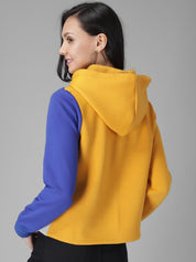 Kotty Women Yellow & Blue Colourblocked Hooded Sweatshirt