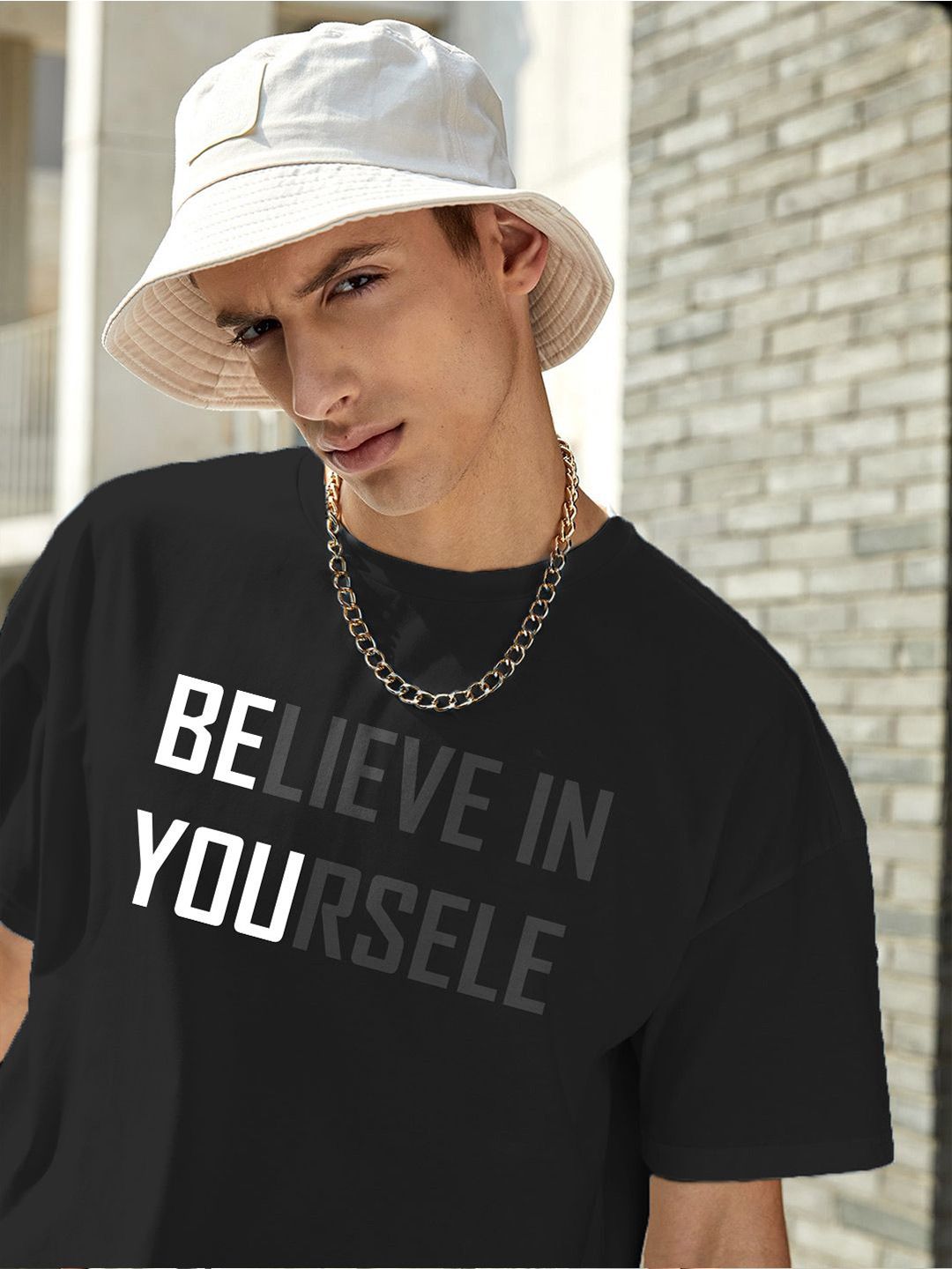 Kotty Black Typography Printed Round Neck Oversized Cotton T-Shirt