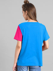 Kotty Women Blue & Maroon Colourblocked Round Neck T-shirt