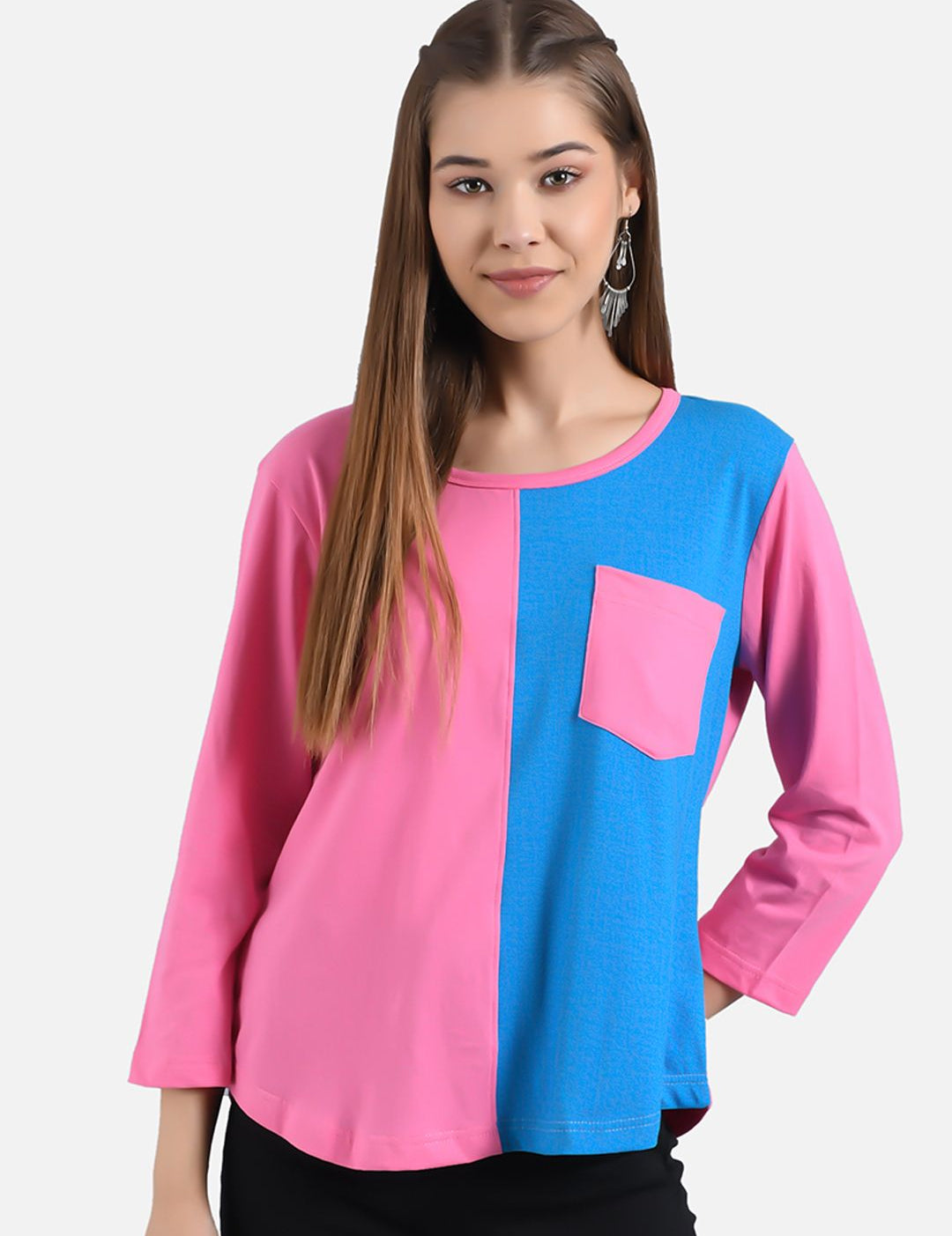 Kotty Women Pink & Blue Colourblocked Round Neck T-shirt