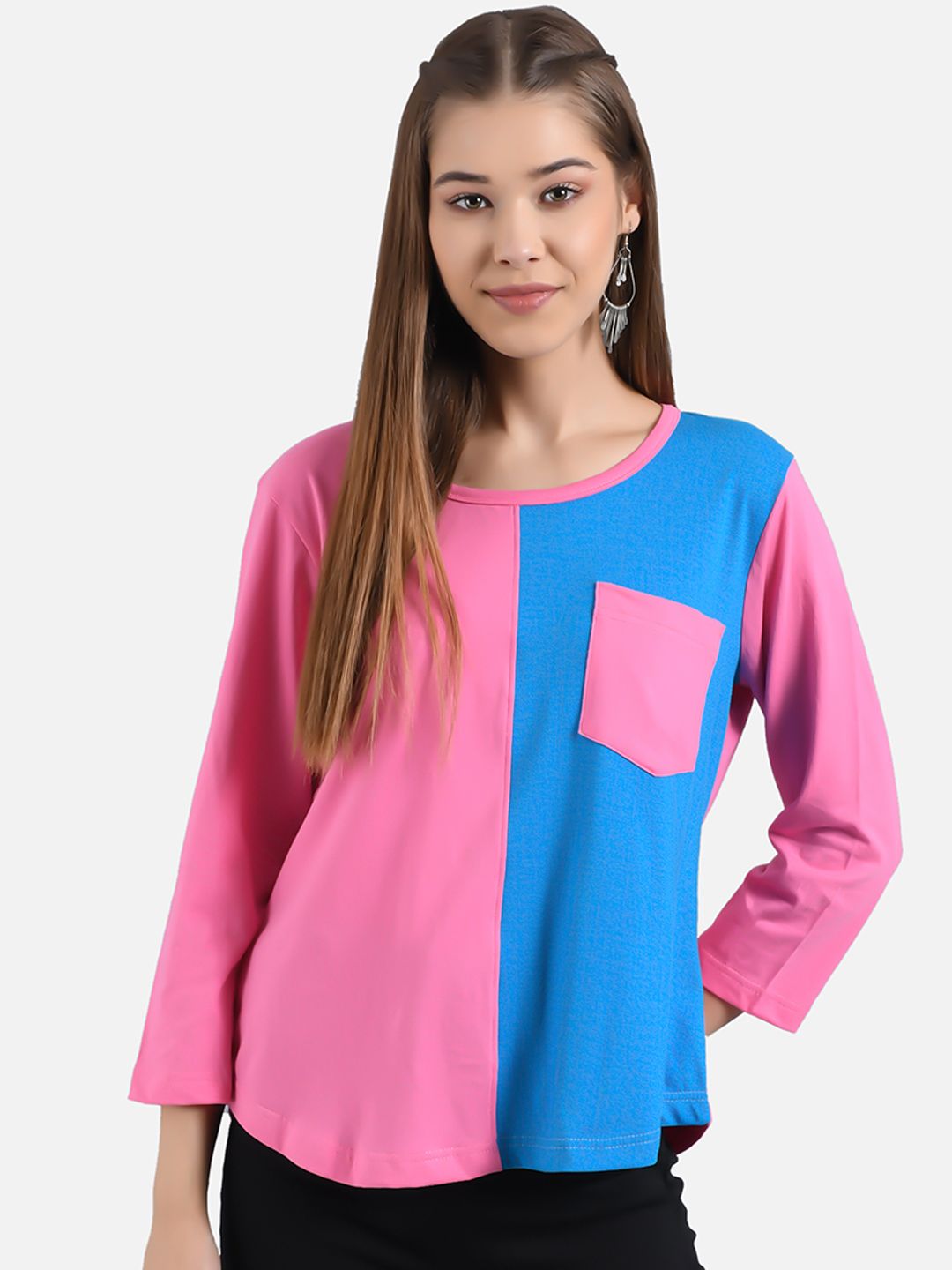 Kotty Women Pink & Blue Colourblocked Round Neck T-shirt