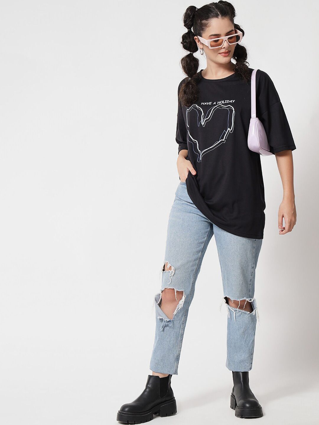 Kotty Women Black Typography Printed Extended Sleeves Oversized T-shirt