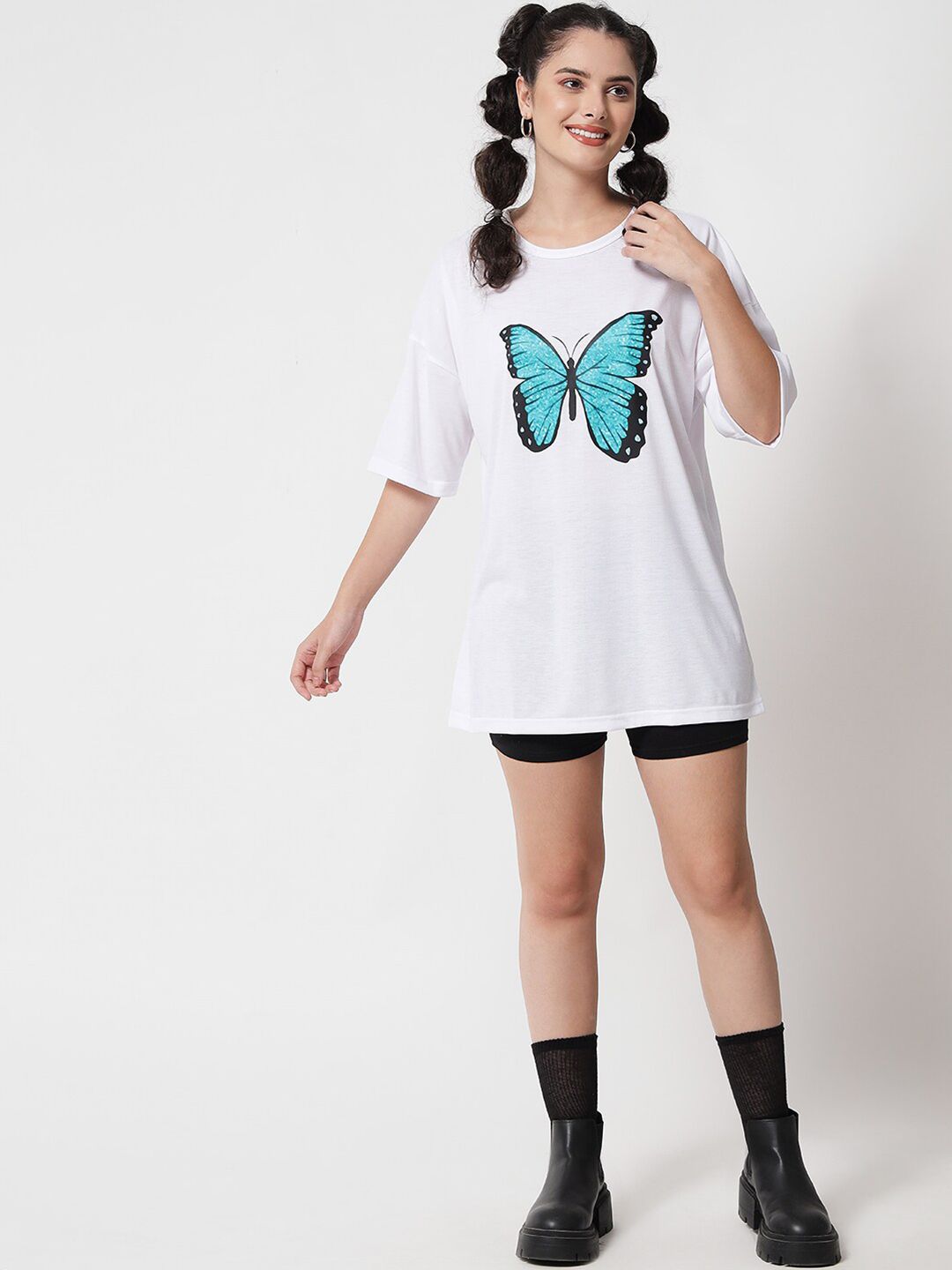 Kotty Women White Typography Printed Oversized T-shirt