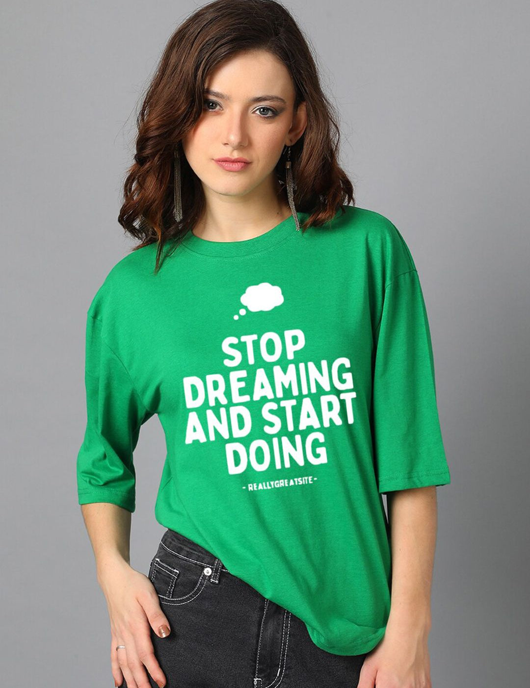 Kotty Green Typography Printed Drop-Shoulder Sleeves Oversized T-shirt