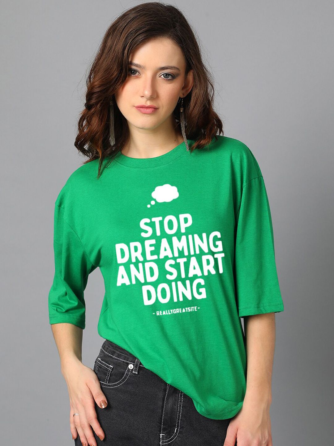 Kotty Green Typography Printed Drop-Shoulder Sleeves Oversized T-shirt