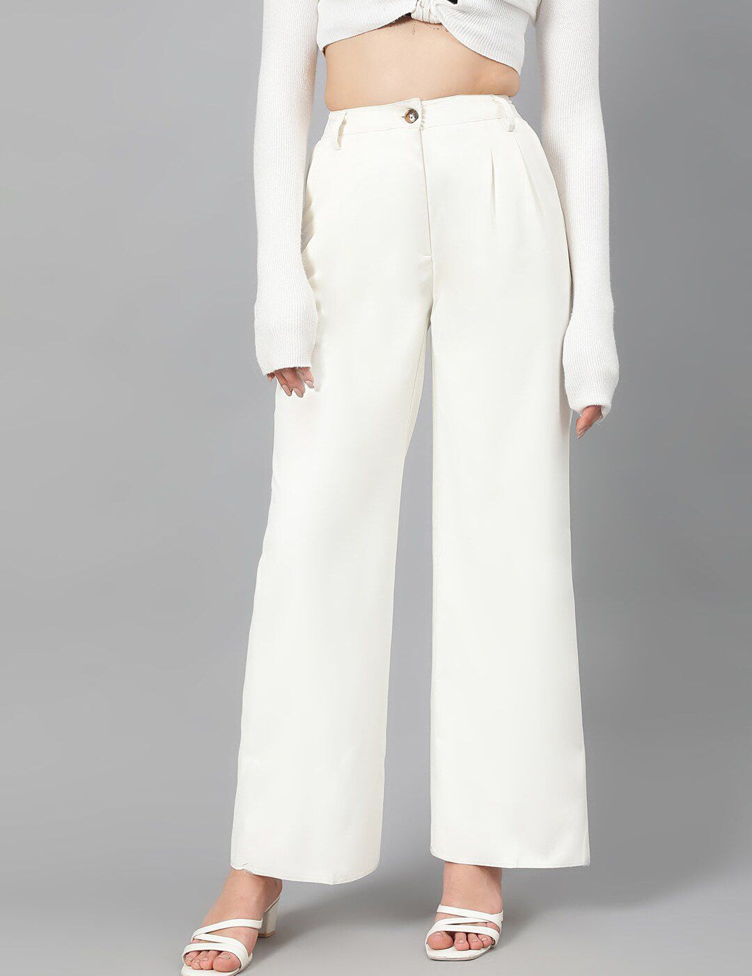 Kotty Women White Relaxed Straight Leg Fit High-Rise Easy Wash Parallel Trousers